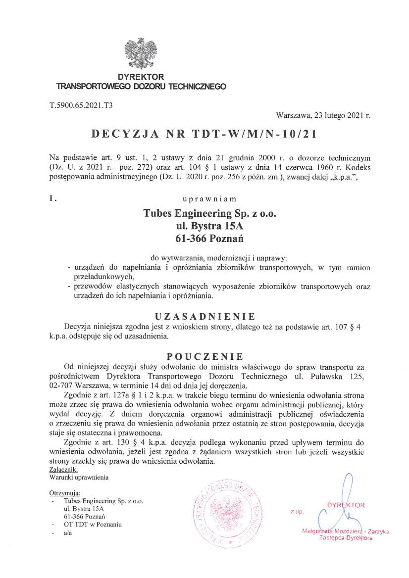 Uprawnienia Tubes Engineering do wytwarzania, modernizacji i naprawy UNO